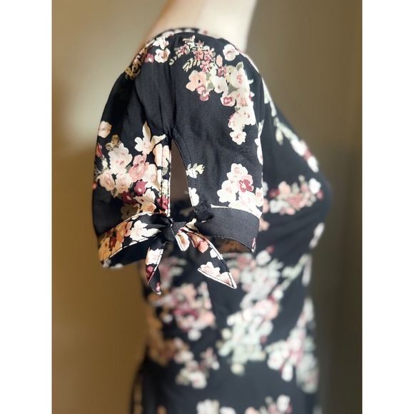 Abercrombie Fitch Black Floral Smocked Back Mini Dress Tie Sleeve boho Y2K fairy - Picture 3 of 6
